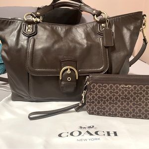 Coach Brown Leather Belle Carryall Tote Bag with matching wallet